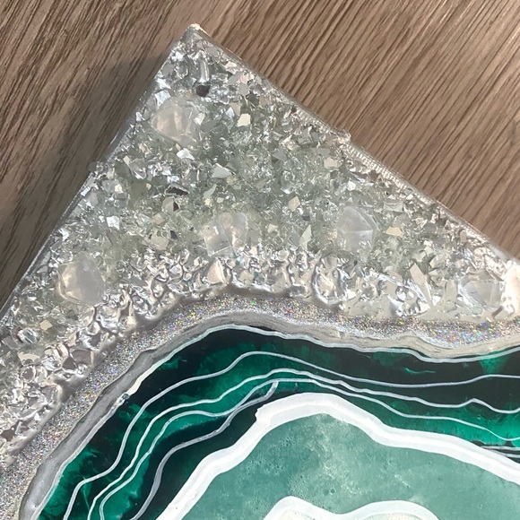12x12 Resin Geode Painting, Deep green, silver and white on canvas panel - Picture 5 of 6
